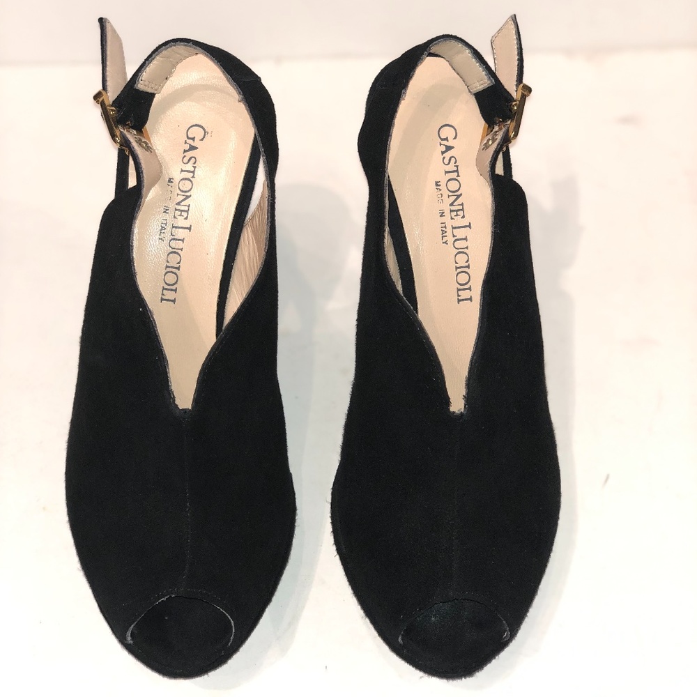 Gastone Lucioli Black Suede Peep Toe Platform Pump